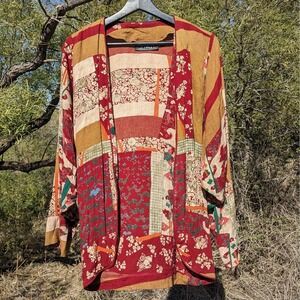 Vintage 90s Patchwork Kimono Jacket Women's XS Boho Grunge Open Front Burgundy